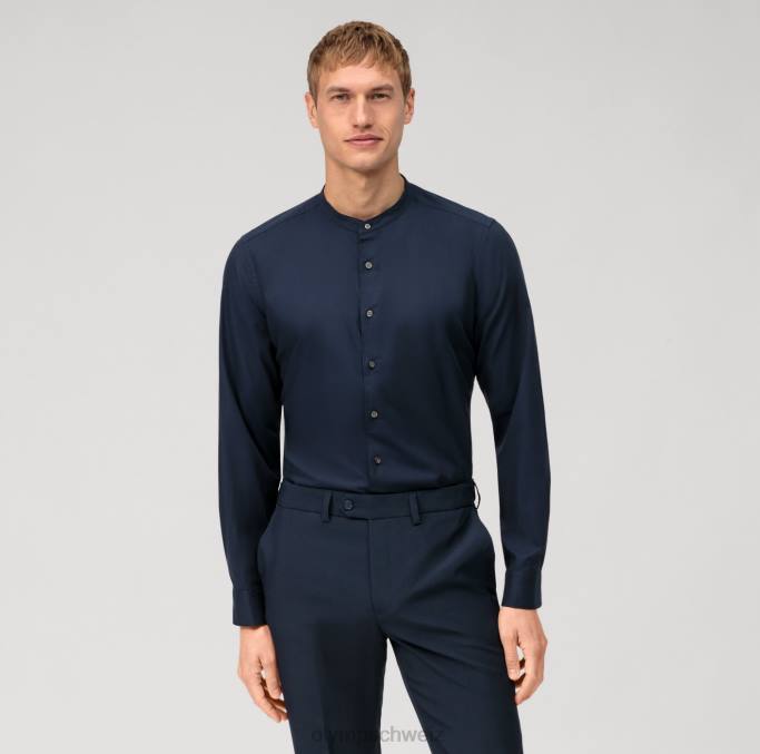 OLYMP Level Five Garment Washed Body Fit, Businesshemd, Stehkragen, Marine LBD8458 Kleidung